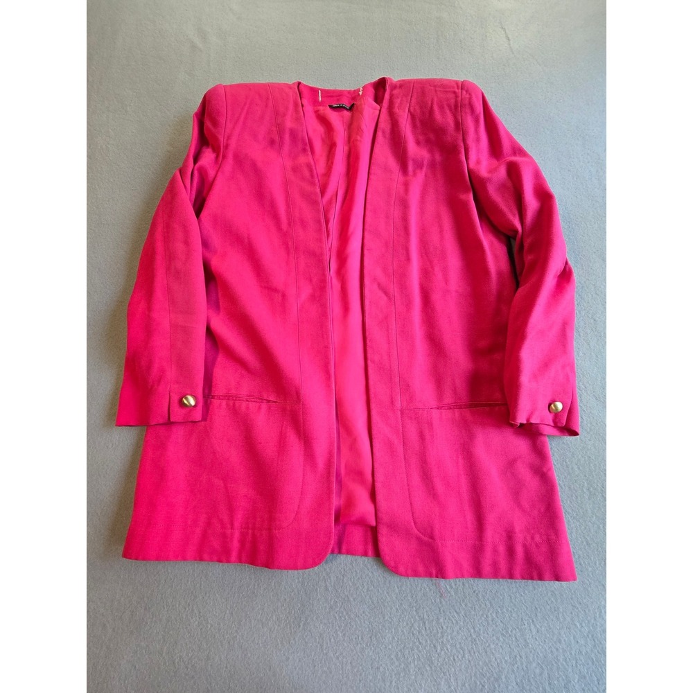 Vintage Blazer Womens L Hot Pink Open Front Longline‎ 80s Shoulder Pads USA Made